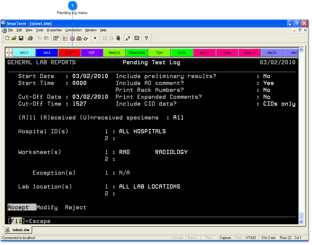 Pending log menu Sunquest